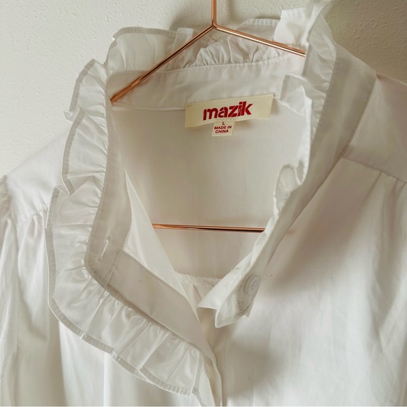 New Mazik Elegant Blouse Button down Shirt Trim Lantern Sleeve Poplin - Picture 9 of 11